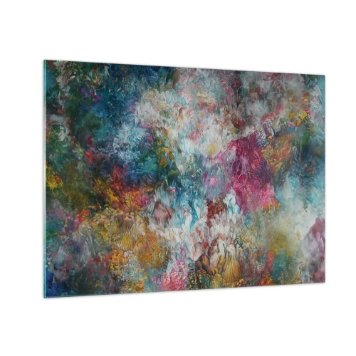 Cuadro sobre vidrio - Impresiones sobre Vidrio - Una composición abstracta de flores coloridas en tonos intensos. - 70x50cm - En plena floración - Decoración de pared moderna para salón y dormitorio ARTTOR