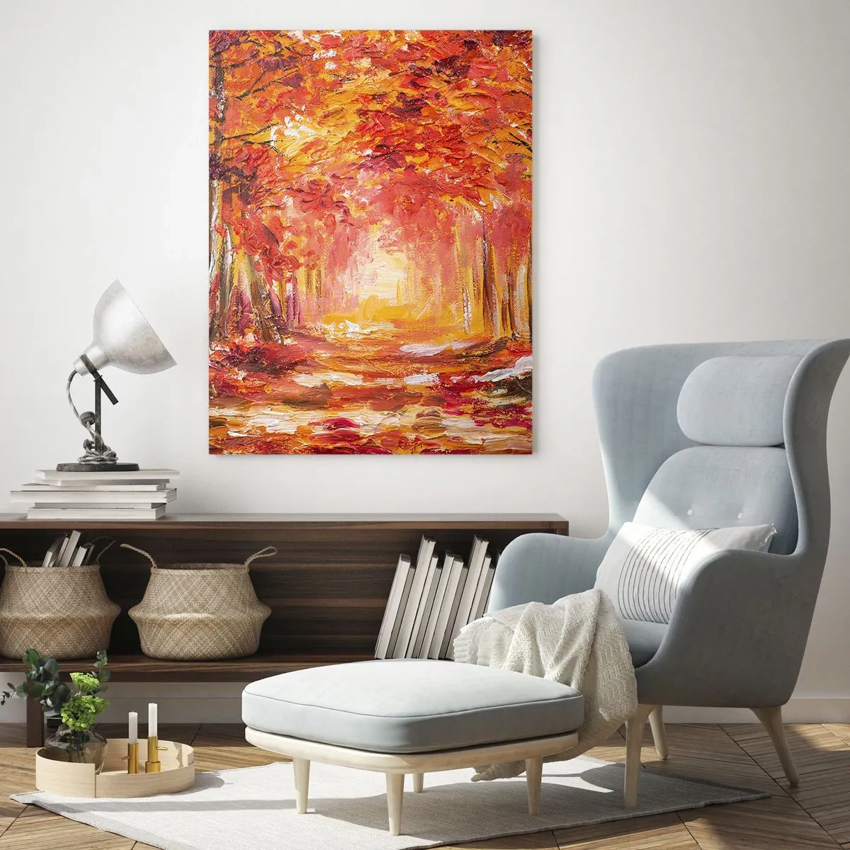 Cuadro sobre vidrio - Impresiones sobre Vidrio - Bosque otoñal en tonos cobre y dorado. - 80x120cm - Bosque de cobre - Decoración de pared moderna para salón y dormitorio ARTTOR