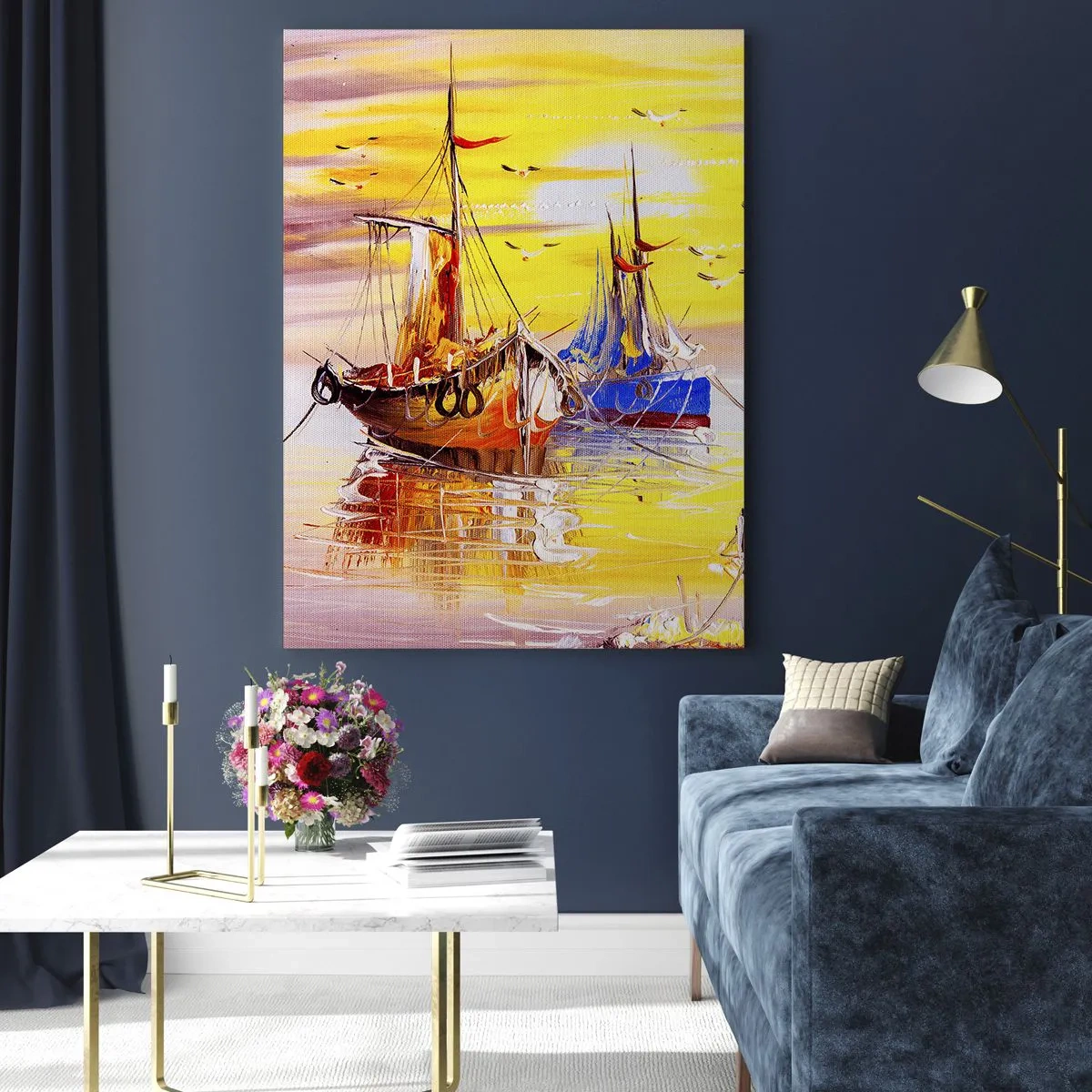Cuadro sobre vidrio - Impresiones sobre Vidrio - Una escena pictórica de barcos en un mar en calma. - 80x120cm - Un merecido descanso en el puerto - Decoración de pared moderna para salón y dormitorio ARTTOR