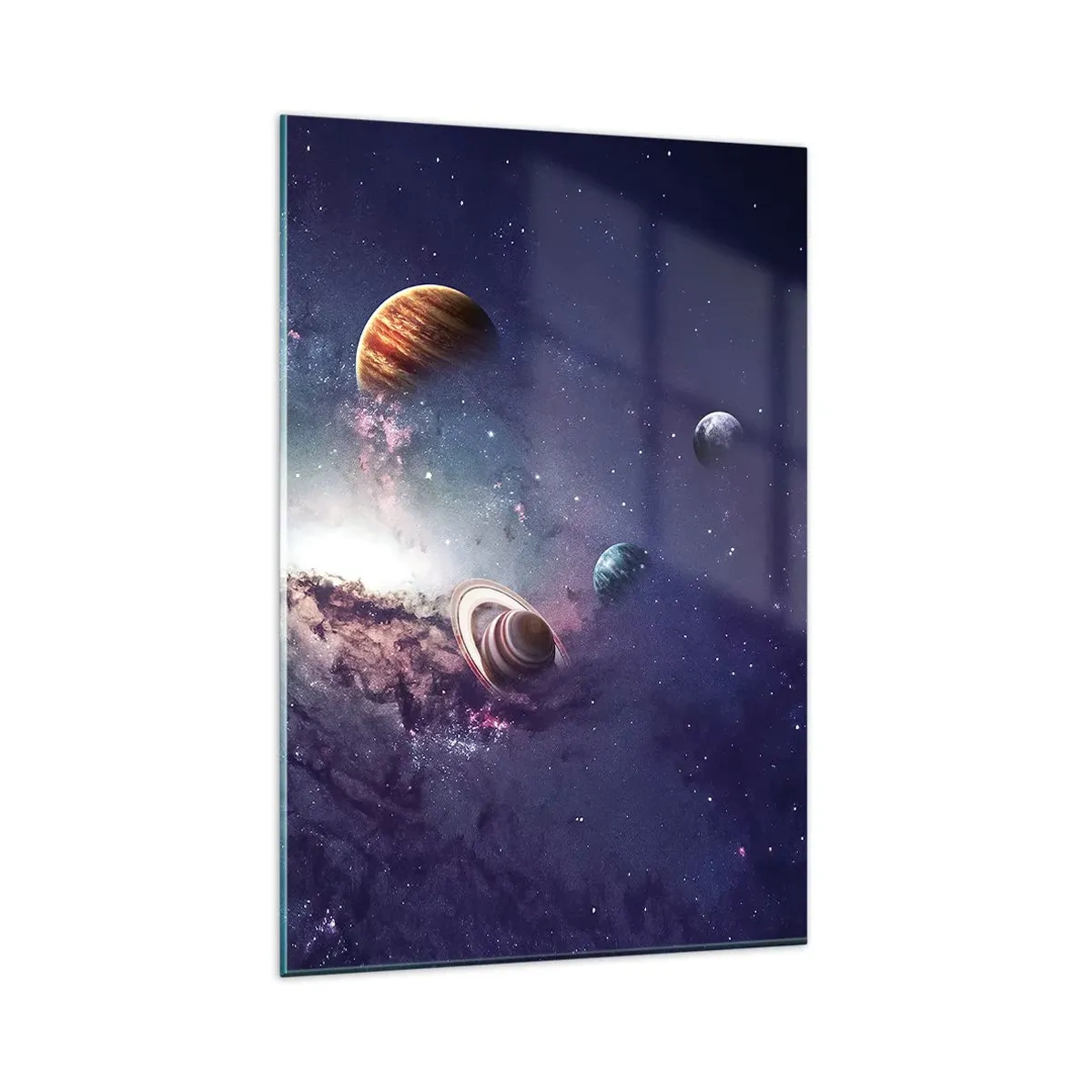 Cuadro sobre vidrio - Impresiones sobre Vidrio - Planetas en una galaxia con una nebulosa al fondo - 80x120cm - La danza alrededor del Sol - Decoración de pared moderna para salón y dormitorio ARTTOR