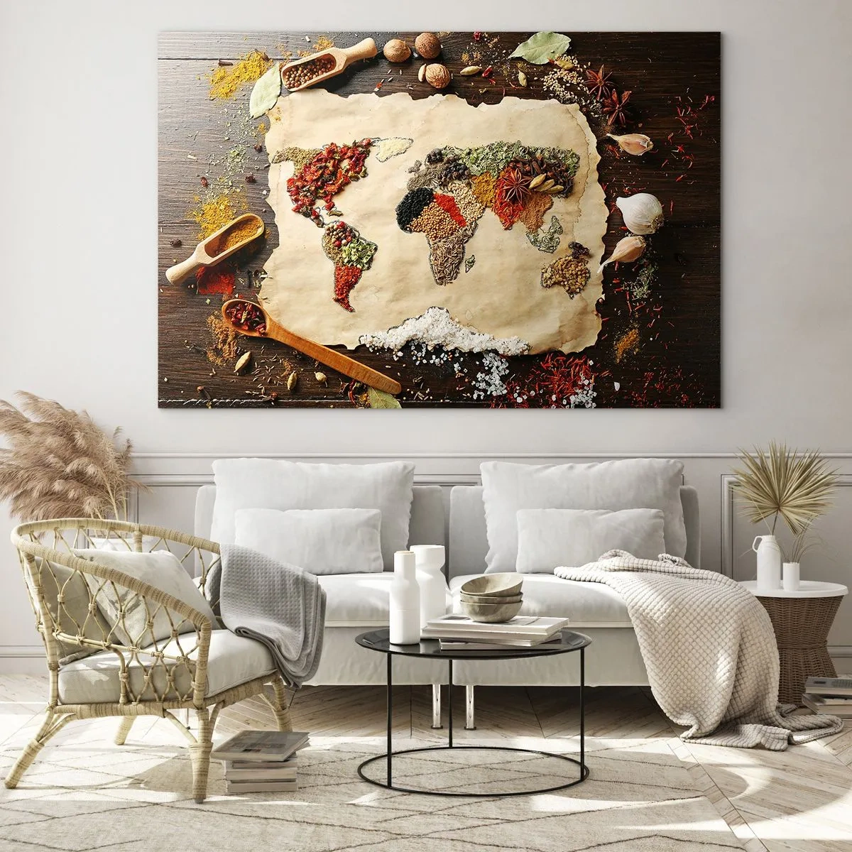 Cuadro sobre vidrio - Impresiones sobre Vidrio - Un mapa del mundo hecho con varias especias sobre un fondo rústico. - 120x80cm - Todos los sabores del mundo - Decoración de pared moderna para salón y dormitorio ARTTOR