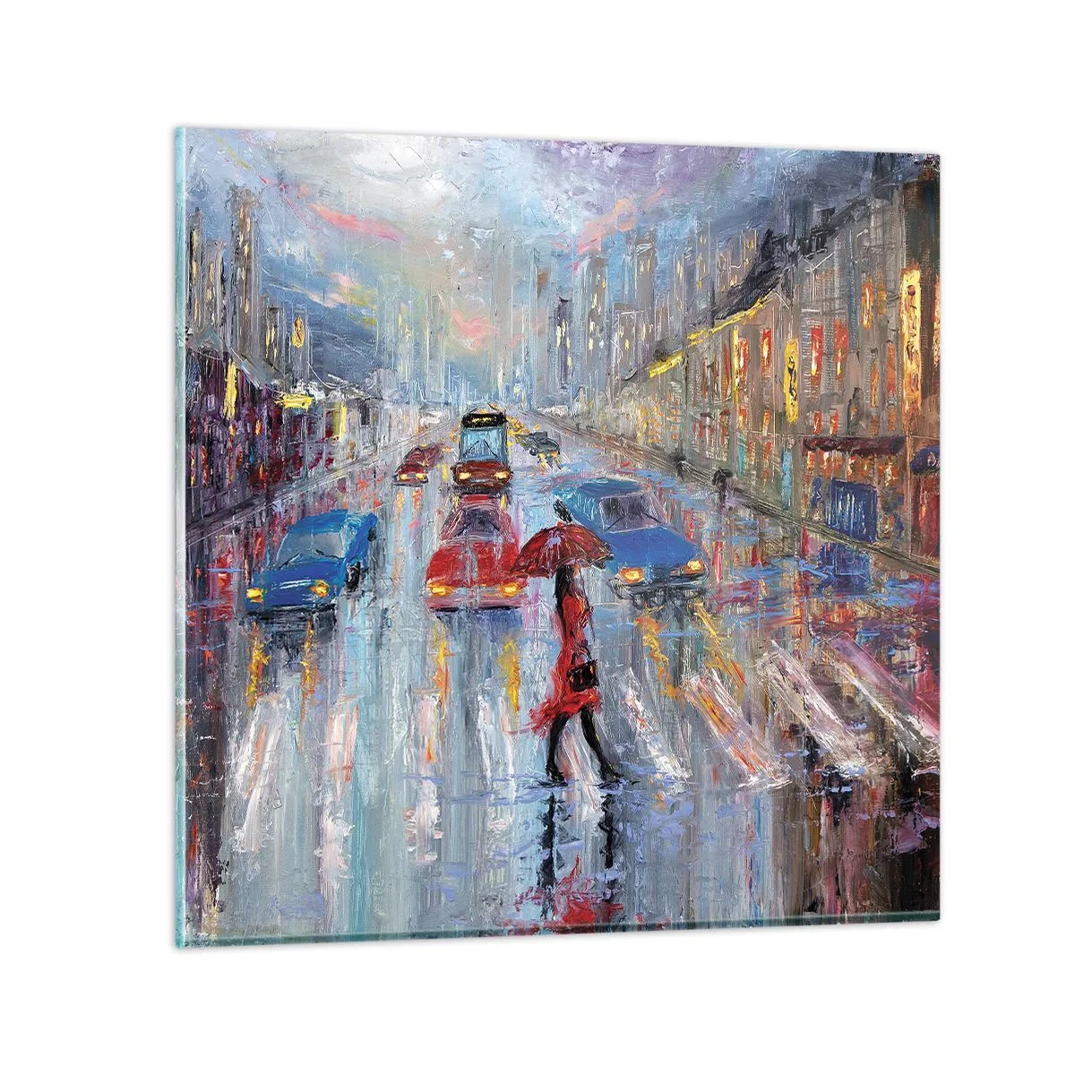 Cuadro sobre vidrio - Impresiones sobre Vidrio - Una tarde de lluvia en la ciudad - 30x30 cm