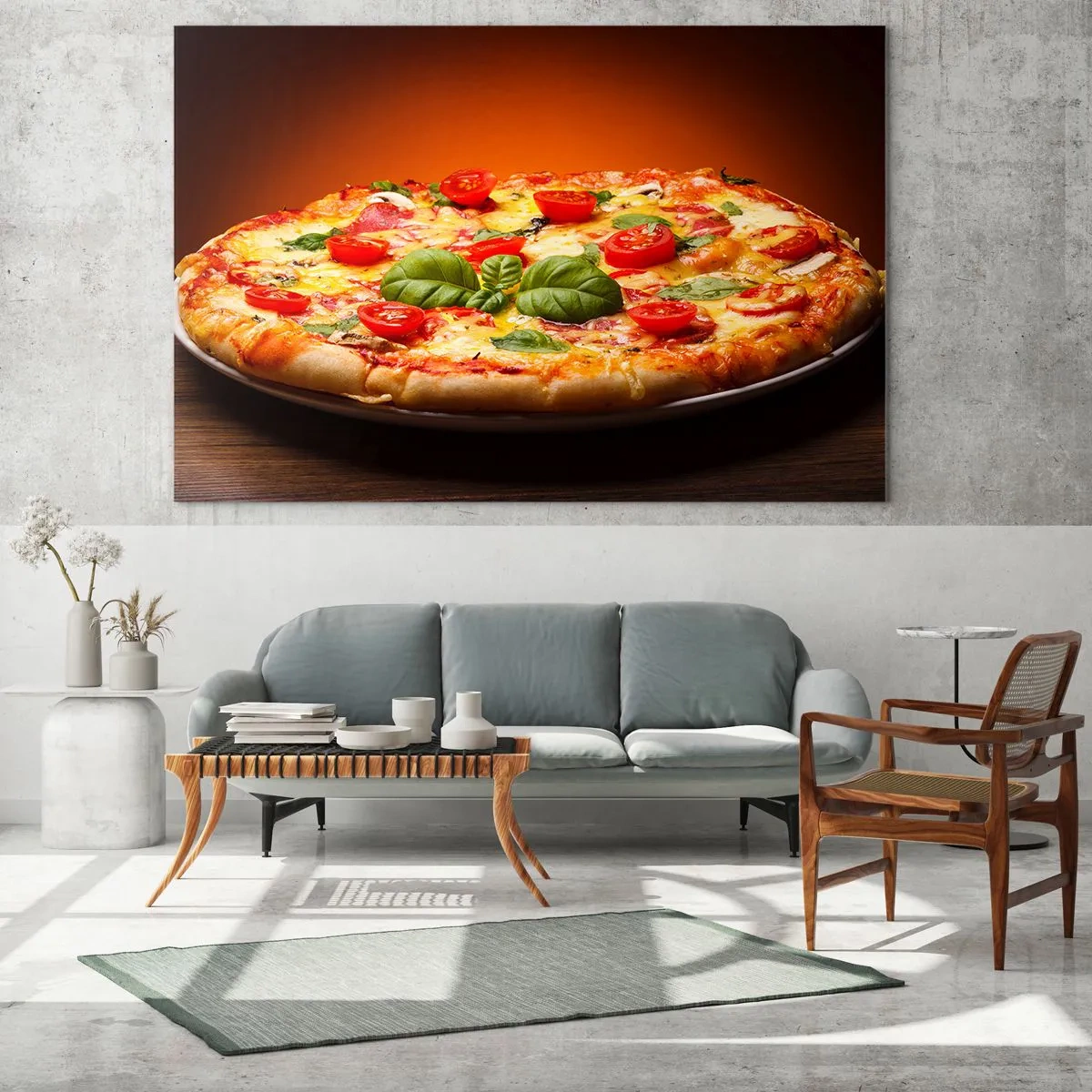 Cuadro sobre vidrio - Impresiones sobre Vidrio - Pizza con tomate, albahaca y queso fundido - 120x80cm - ¡Mamma mia! - Decoración de pared moderna para salón y dormitorio ARTTOR