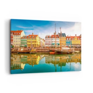 Cuadro sobre lienzo - Impresión de Imagen - Casas coloridas en los canales de Copenhague - 100x70cm - Sobre el agua tan suave como un espejo - Decoración de pared moderna para salón y dormitorio ARTTOR