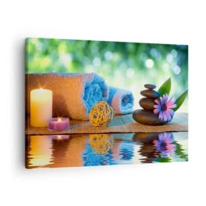 Cuadro sobre lienzo - Impresión de Imagen - Set de SPA relajante con toallas, velas y piedras - 70x50cm - Tiempo para el cuerpo - Decoración de pared moderna para salón y dormitorio ARTTOR
