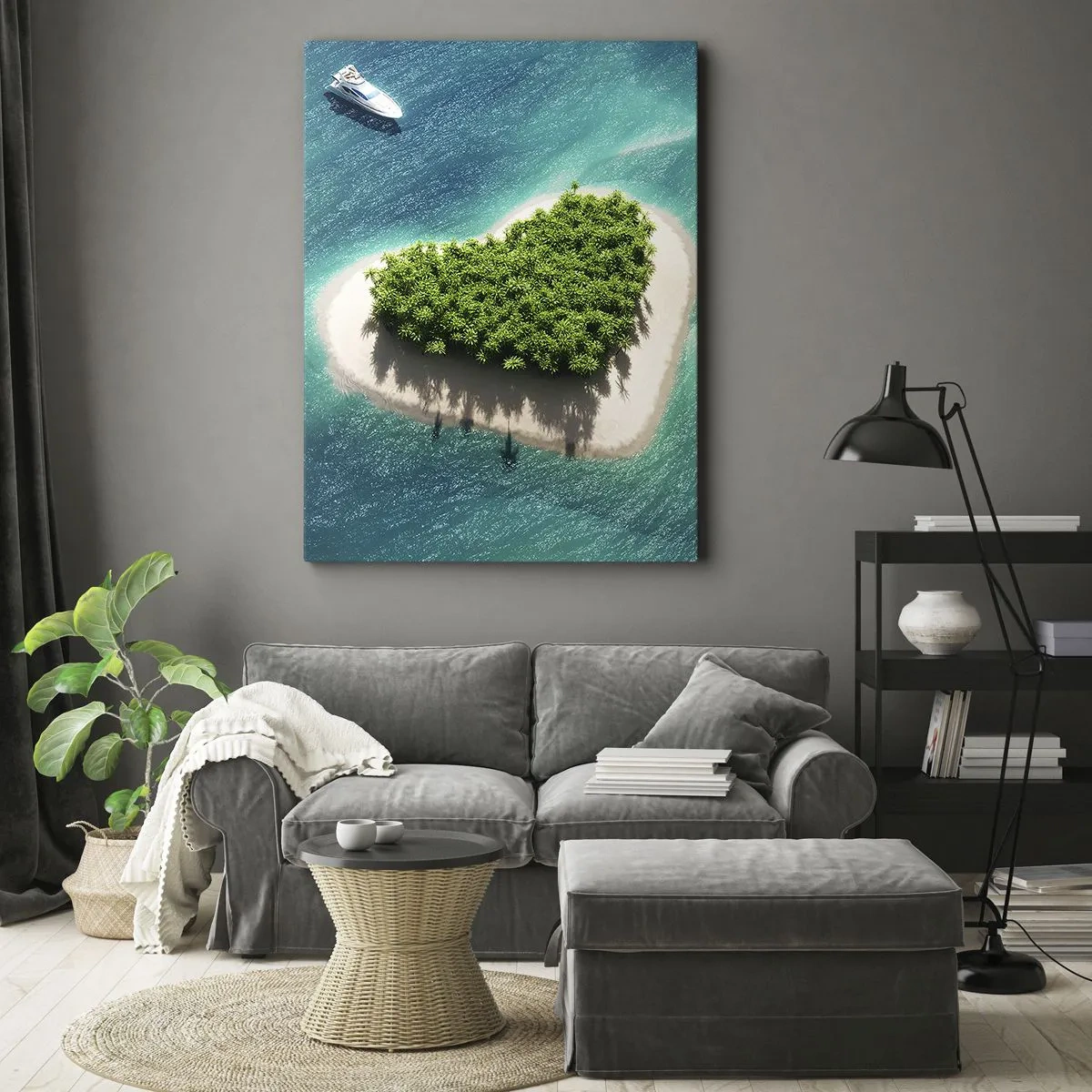 Cuadro sobre lienzo - Impresión de Imagen - Una romántica isla en forma de corazón en un mar turquesa. - 50x70cm - Me encanta el verano - Decoración de pared moderna para salón y dormitorio ARTTOR