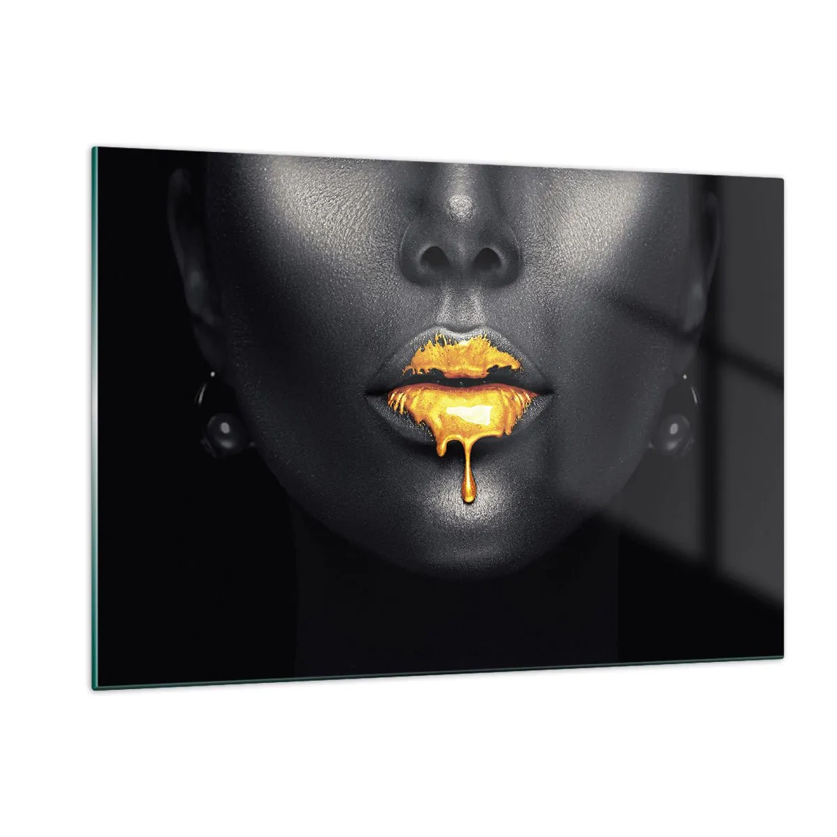 Cuadro sobre vidrio - Impresiones sobre Vidrio - Retrato en negro y dorado de una mujer con labios brillantes. - 120x80cm - Labios de oro - Decoración de pared moderna para salón y dormitorio ARTTOR