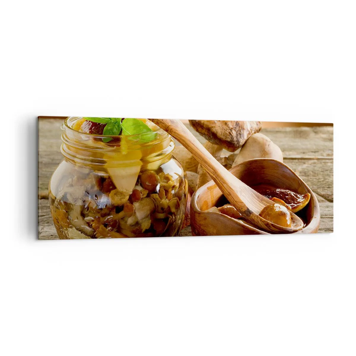 Cuadro sobre lienzo - Impresión de Imagen - Setas naturales en un tarro sobre una mesa rústica - 140x50cm - Ya sea fresco, o salado, o de temporada de otoño.... - Decoración de pared moderna para salón y dormitorio ARTTOR