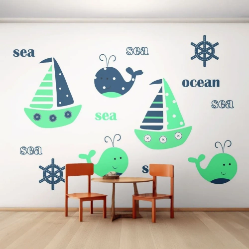 Fotomural Standard Eco - Encantadoras ilustraciones náuticas de barcos y ballenas. - 100x70cm - A través de mares y océanos - Decoración de pared moderna para salón y dormitorio ARTTOR
