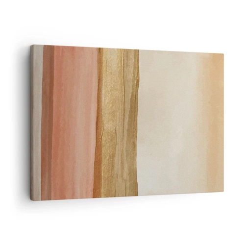 Cuadro sobre lienzo - Impresión de Imagen - Rayas abstractas en tonos beige, dorado y rosa sobre lienzo. - 70x50cm - Composición vertical - Decoración de pared moderna para salón y dormitorio ARTTOR