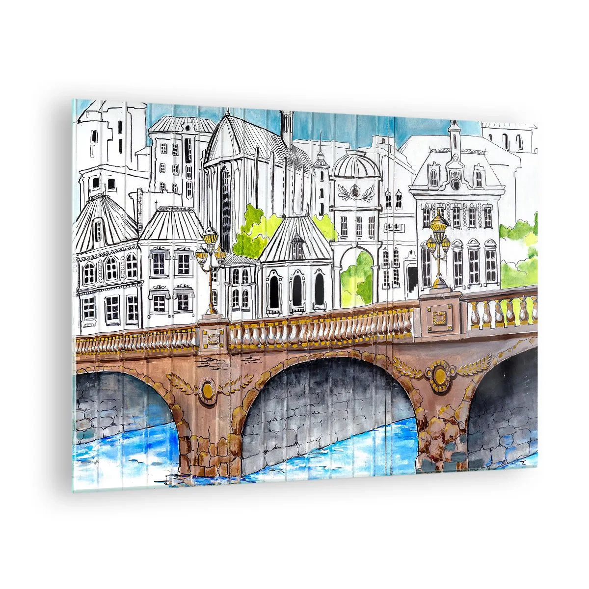 Cuadro sobre vidrio - Impresiones sobre Vidrio - El puente y la arquitectura urbana en forma de boceto de acuarela. - 70x50cm - Una ciudad de dibujo - Decoración de pared moderna para salón y dormitorio ARTTOR