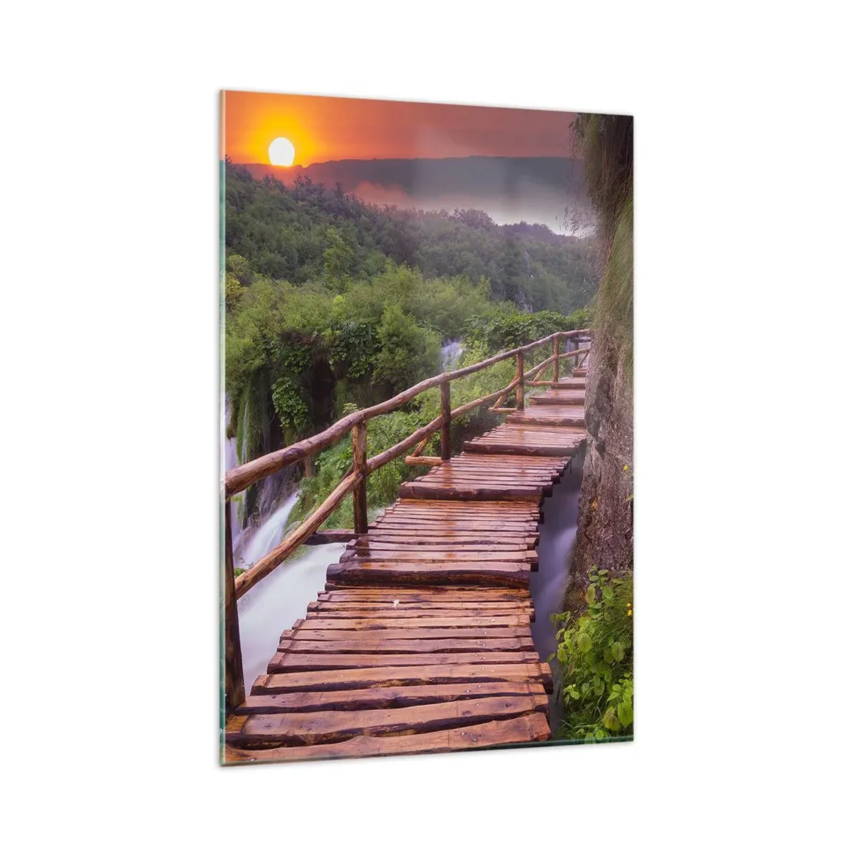 Cuadro sobre vidrio - Impresiones sobre Vidrio - Un puente con vistas a las cataratas al atardecer. - 80x120cm - Una belleza inimaginable - Decoración de pared moderna para salón y dormitorio ARTTOR