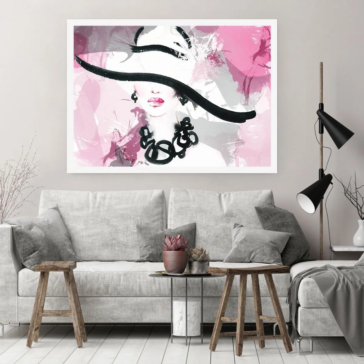 Póster - Retrato de una dama en negro y rosa - 91x61 cm