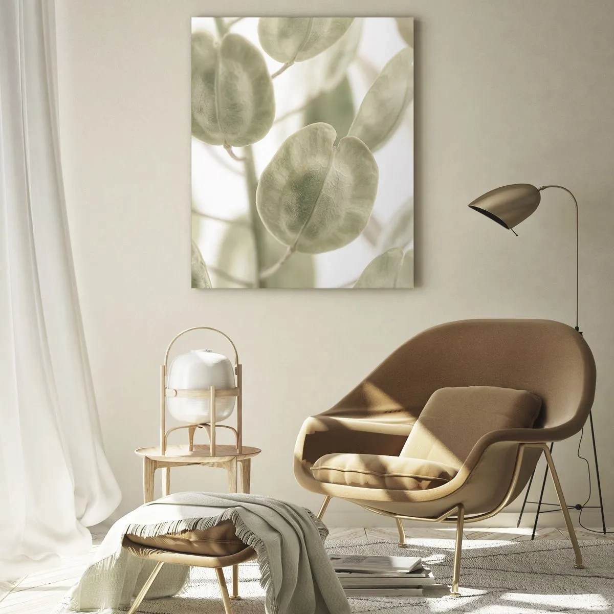 Cuadro sobre vidrio - Impresiones sobre Vidrio - Una delicada pintura de hojas en tonos pastel de verde sobre un fondo claro. - 80x120cm - Al principio de los tiempos había hojas... - Decoración de pared moderna para salón y dormitorio ARTTOR