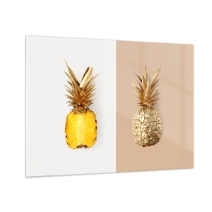 Cuadro sobre vidrio - Impresiones sobre Vidrio - Una piña cortada y dorada sobre dos fondos contrastantes. - 70x50cm - Piña y media - Decoración de pared moderna para salón y dormitorio ARTTOR