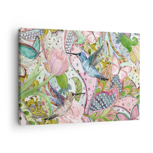 Cuadro sobre lienzo - Impresión de Imagen - Colibríes y mariposas coloridos entre las plantas. - 70x50cm - Enredado en las vides - Decoración de pared moderna para salón y dormitorio ARTTOR