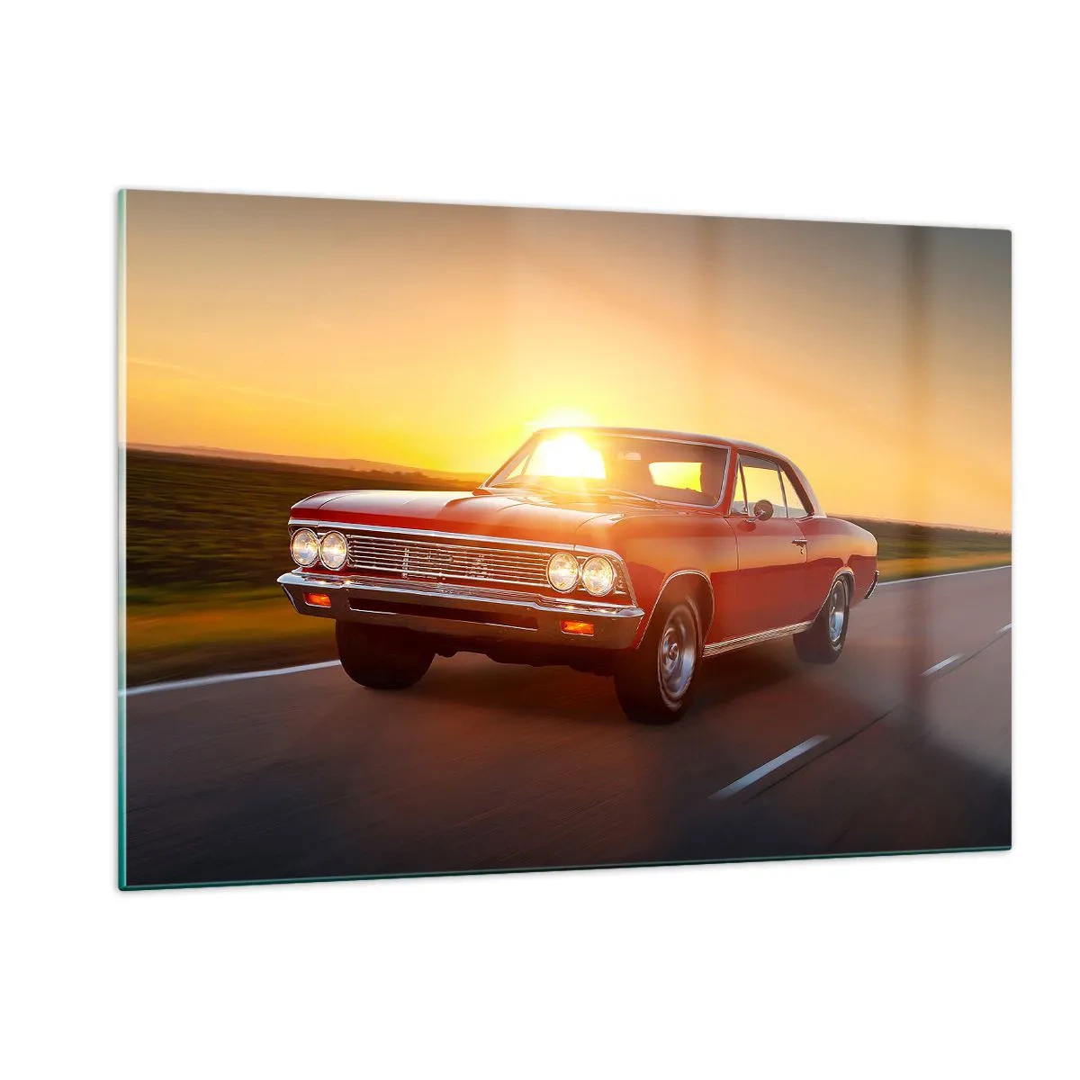Cuadro sobre vidrio - Impresiones sobre Vidrio - Coche clásico rojo contra el sol poniente - 120x80cm - El deseo es rojo - Decoración de pared moderna para salón y dormitorio ARTTOR