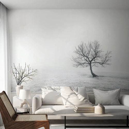 Fotomural Premium Canvas - Un árbol solitario en la niebla invernal en un campo vacío. - 100x70cm - Contra la nada - Decoración de pared moderna para salón y dormitorio ARTTOR