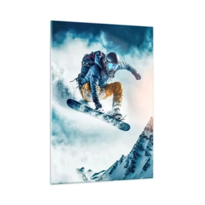 Cuadro sobre vidrio - Impresiones sobre Vidrio - Un snowboarder vuela sobre montañas nevadas. - 50x70cm - Emociones extremas - Decoración de pared moderna para salón y dormitorio ARTTOR