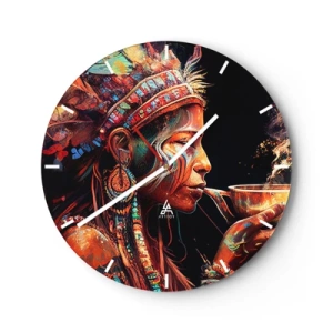 Reloj de pared - Reloj de vidrio - Un retrato colorido de una mujer con un tocado de plumas durante un ritual. - 30x30cm - Un ritual mágico - Decoración de pared moderna para salón, cocina y dormitorio ARTTOR