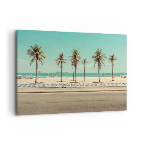 Cuadro sobre lienzo - Impresión de Imagen - Palmeras en la playa con vistas al mar y al cielo azul. - 120x80cm - En la playa - Decoración de pared moderna para salón y dormitorio ARTTOR