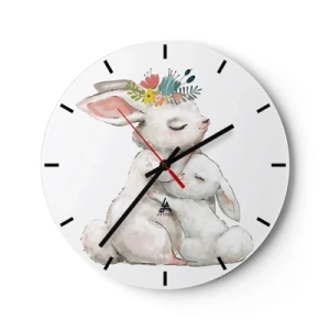 Reloj de pared - Reloj de vidrio - Dos conejitos de peluche, el más grande con una corona de flores. - 30x30cm - En ningún lugar mejor que con mamá - Decoración de pared moderna para salón, cocina y dormitorio ARTTOR