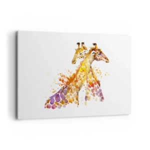 Cuadro sobre lienzo - Impresión de Imagen - Jirafas de acuarela en tonos coloridos. - 120x80cm - ¿Esto es amistad o es amor? - Decoración de pared moderna para salón y dormitorio ARTTOR