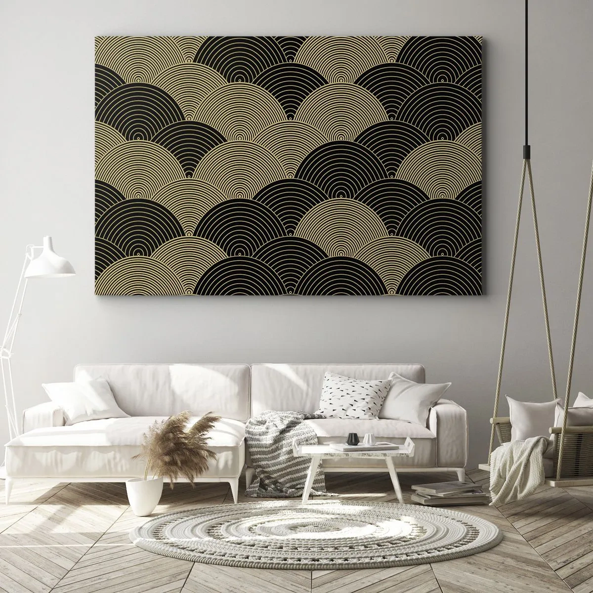 Cuadro sobre lienzo - Impresión de Imagen - Patrón Art Déco con semicírculos y líneas doradas. - 70x50cm - Multiplicación de la unidad - Decoración de pared moderna para salón y dormitorio ARTTOR