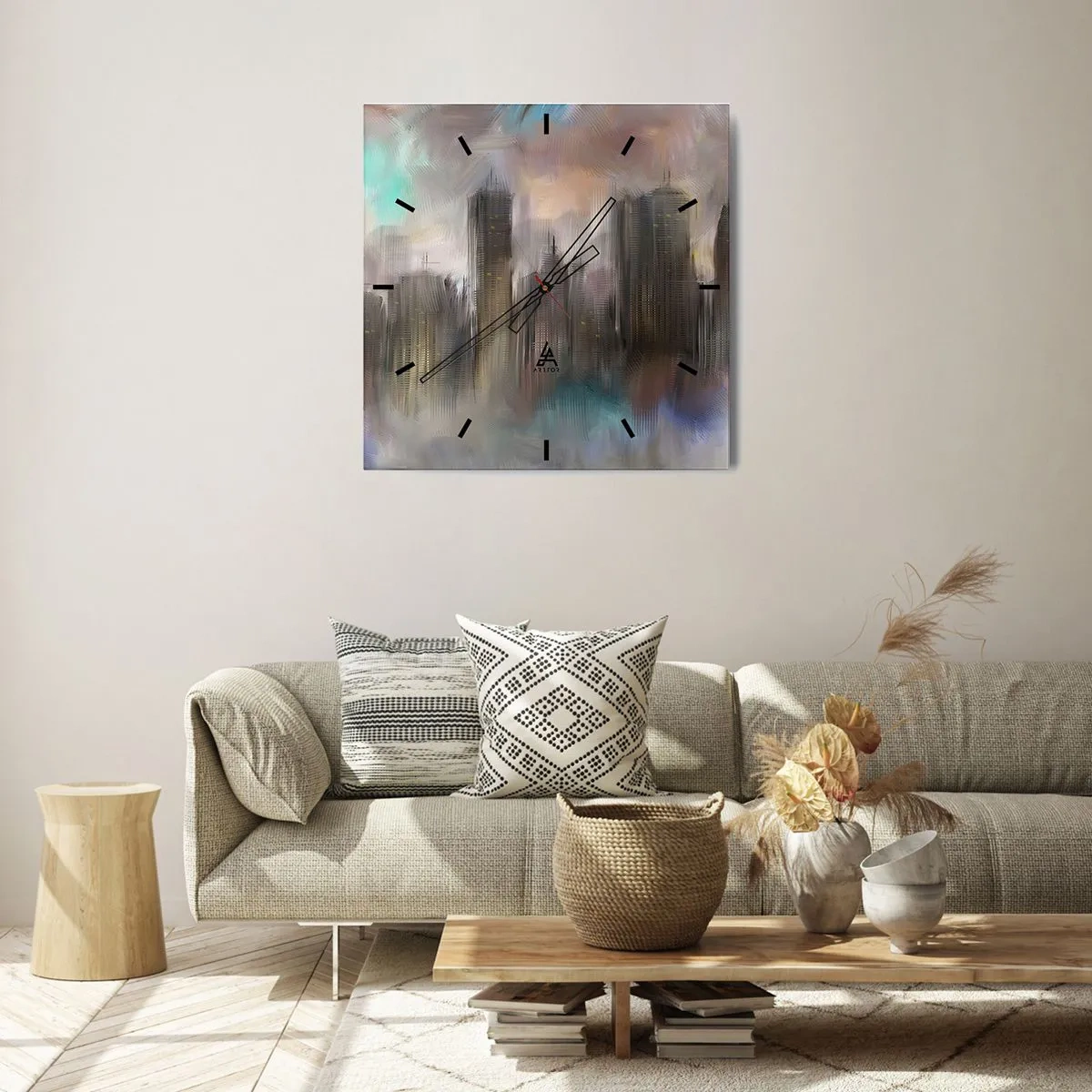 Reloj de pared - Reloj de vidrio - Una composición de acero, piedra y niebla - 30x30 cm