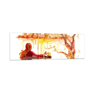 Cuadro sobre vidrio - Impresiones sobre Vidrio - Escena de acuarela de una mujer en un banco con vistas a la ciudad. - 160x50cm - Un momento de reflexión - Decoración de pared moderna para salón y dormitorio ARTTOR