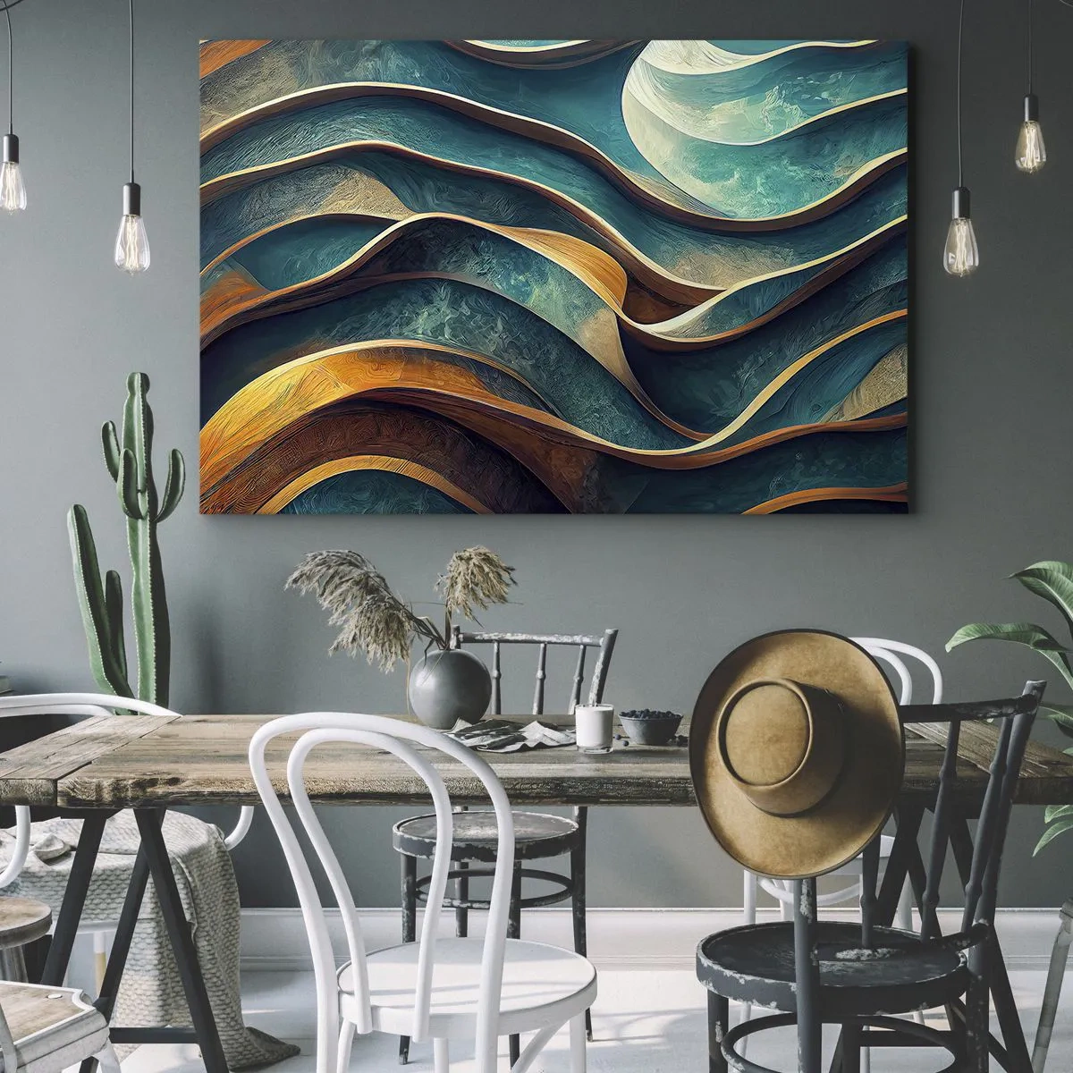 Cuadro sobre lienzo - Impresión de Imagen - Ondas abstractas en tonos turquesa y dorado - 70x50cm - Meandros de azul - Decoración de pared moderna para salón y dormitorio ARTTOR