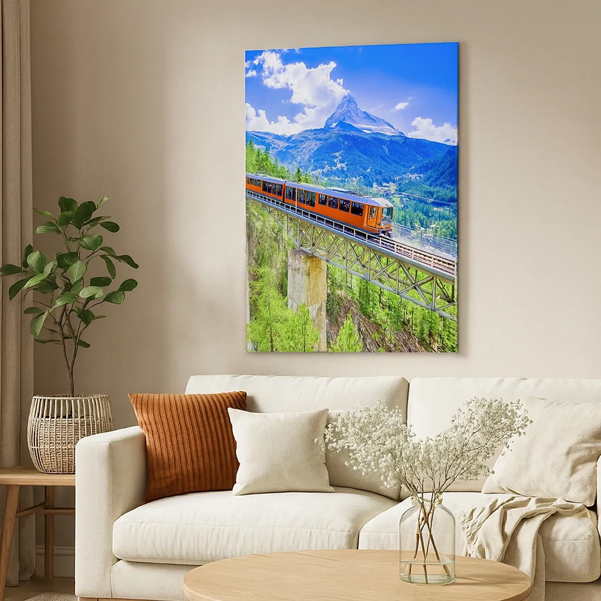Cuadro sobre lienzo - Impresión de Imagen - Una montaña rusa en un puente con vistas a una cascada y montañas. - 50x70cm - Ferrocarril a los Alpes - Decoración de pared moderna para salón y dormitorio ARTTOR