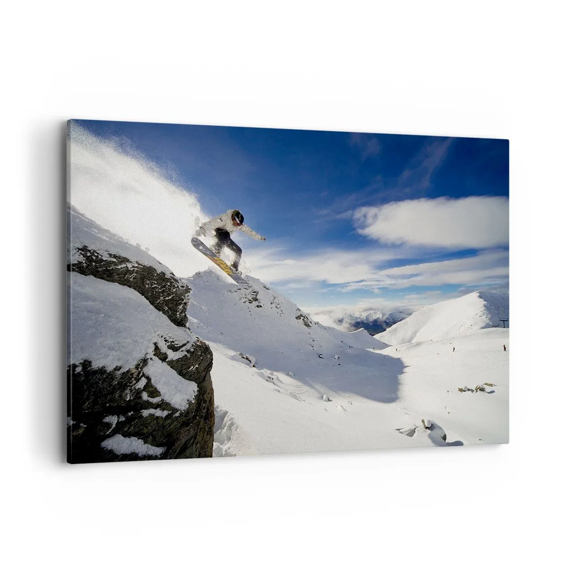 Cuadro sobre lienzo - Impresión de Imagen - Un snowboarder salta desde un acantilado con montañas cubiertas de nieve al fondo. - 100x70cm - Libertad sin fronteras - Decoración de pared moderna para salón y dormitorio ARTTOR