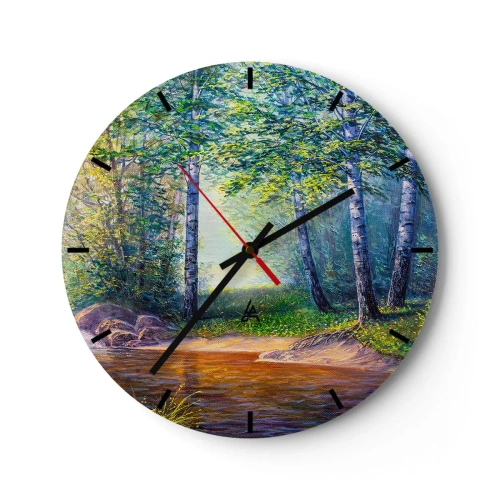 Reloj de pared - Reloj de vidrio - Un pintoresco bosque de abedules con un río iluminado por los rayos del sol. - 30x30cm - Paisaje idílico - Decoración de pared moderna para salón, cocina y dormitorio ARTTOR