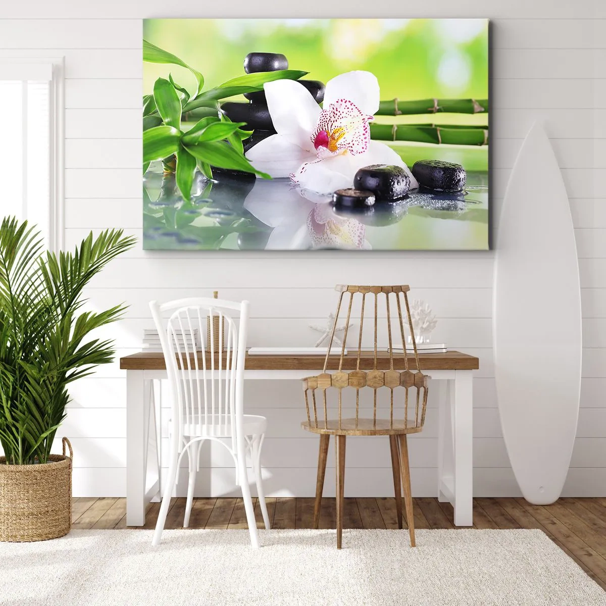 Cuadro sobre lienzo - Impresión de Imagen - Orquídea, piedras y bambú en una armoniosa composición de spa. - 70x50cm - Frescura - Decoración de pared moderna para salón y dormitorio ARTTOR