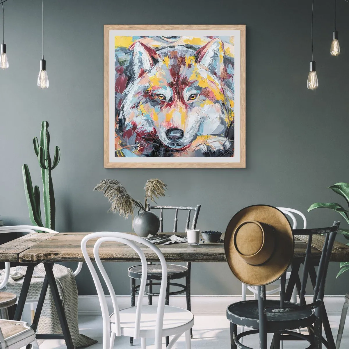 Póster en marco roble claro - Pinceladas de lobo - 40x40 cm