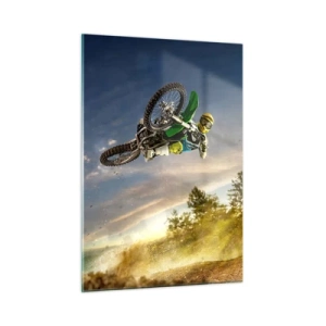 Cuadro sobre vidrio - Impresiones sobre Vidrio - Un motociclista en acción con el sol poniente como telón de fondo. - 50x70cm - ¡Enciende tus emociones! - Decoración de pared moderna para salón y dormitorio ARTTOR