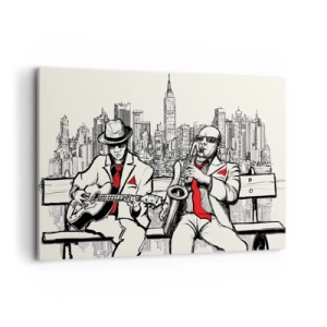 Cuadro sobre lienzo - Impresión de Imagen - Un dúo de jazz con saxofón y guitarra con la ciudad como telón de fondo. - 120x80cm - Improvisación en Nueva York - Decoración de pared moderna para salón y dormitorio ARTTOR