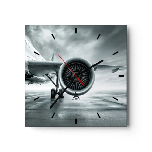 Reloj de pared - Reloj de vidrio - El motor a reacción de un avión en la pista - 30x30cm - Hay poder - Decoración de pared moderna para salón y dormitorio ARTTOR