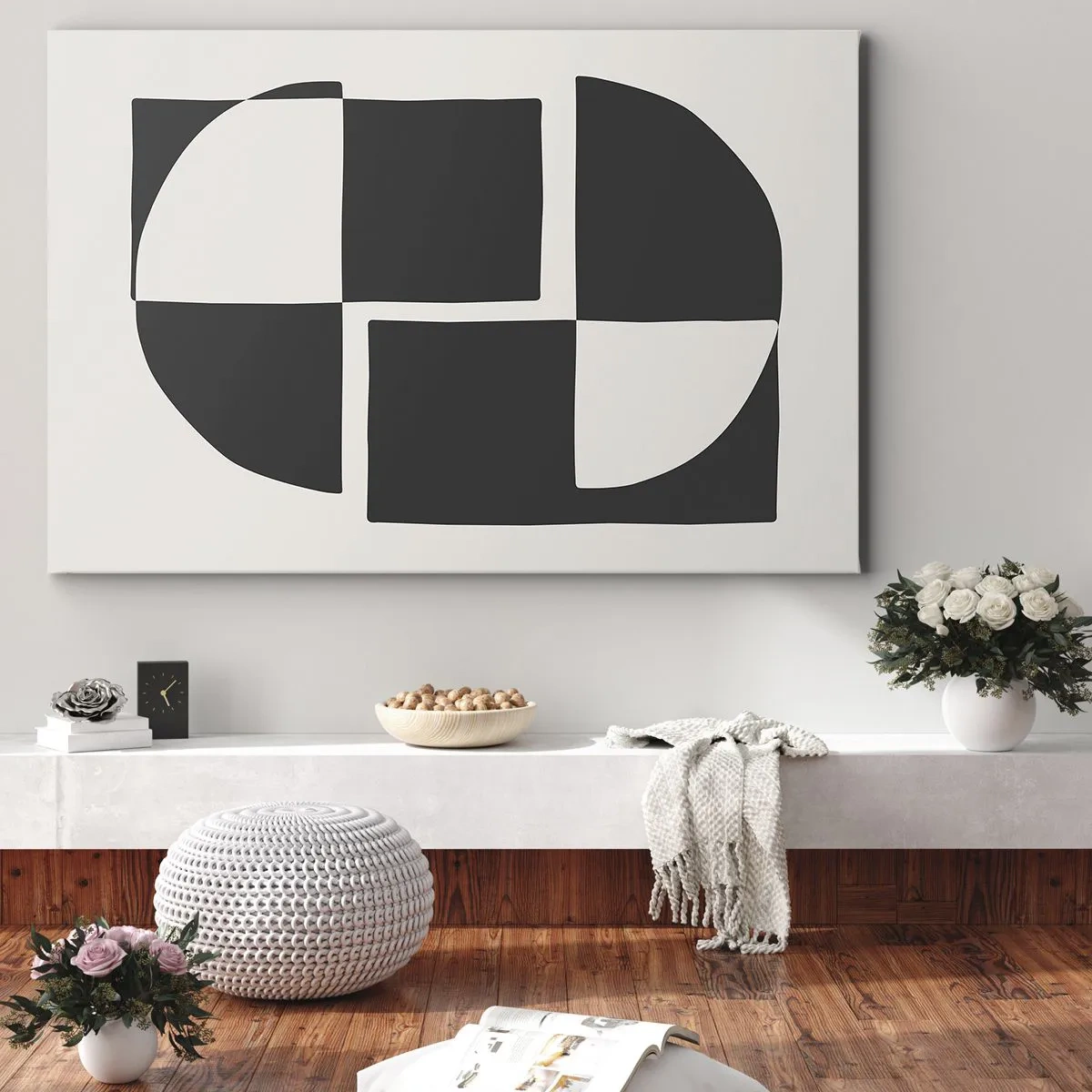 Cuadro sobre lienzo - Impresión de Imagen - Formas geométricas abstractas en blanco y negro - 70x50cm - Antítesis - síntesis - Decoración de pared moderna para salón y dormitorio ARTTOR