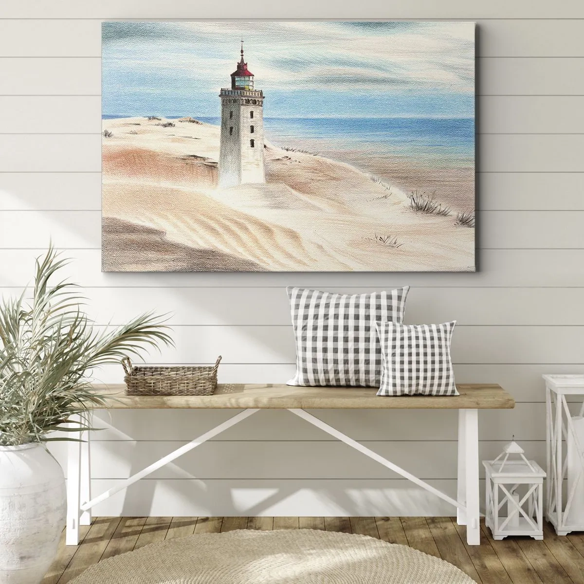 Cuadro sobre lienzo - Impresión de Imagen - Un faro rodeado de dunas de arena y un cielo azul. - 70x50cm - Siempre mirando al mar - Decoración de pared moderna para salón y dormitorio ARTTOR