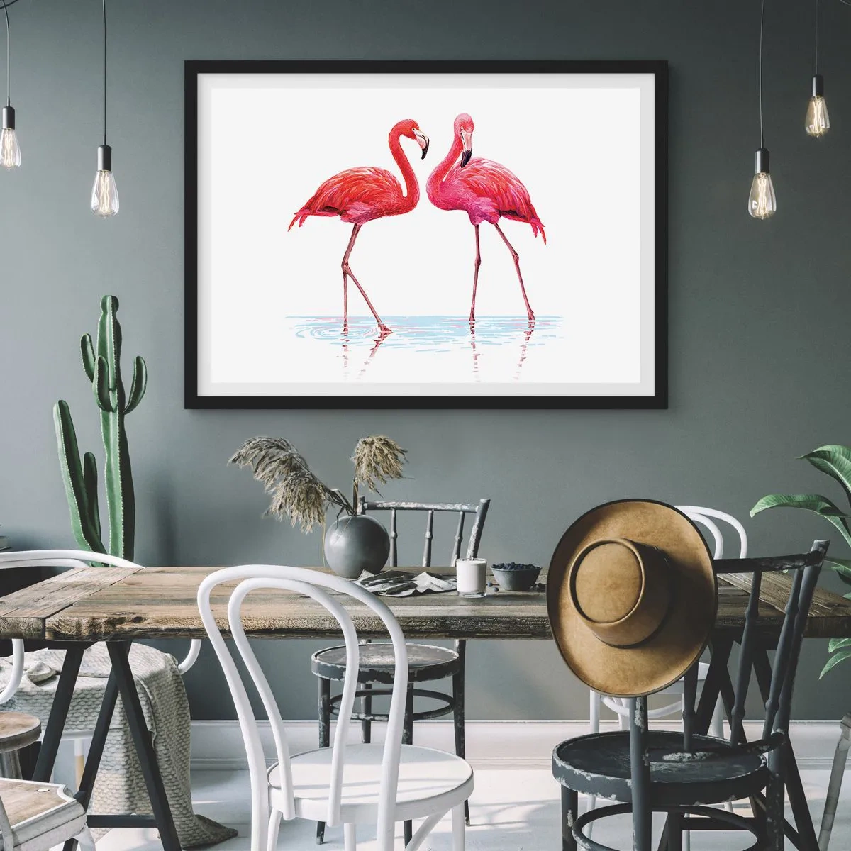 Póster en marco negro - Una pareja de flamencos en el agua contra un fondo claro. - 100x70cm - Cita rosada - Decoración de pared moderna para salón y dormitorio ARTTOR