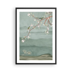 Póster en marco negro - Pájaros en una rama florida con vistas a las colinas. - 50x70cm - Primavera, ah, eres tú - Decoración de pared moderna para salón y dormitorio ARTTOR