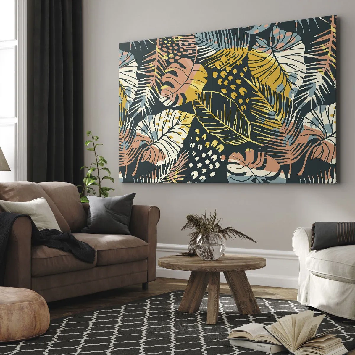 Cuadro sobre lienzo - Impresión de Imagen - Hojas coloridas sobre un fondo oscuro - 70x50cm - Una frondosa fantasía - Decoración de pared moderna para salón y dormitorio ARTTOR
