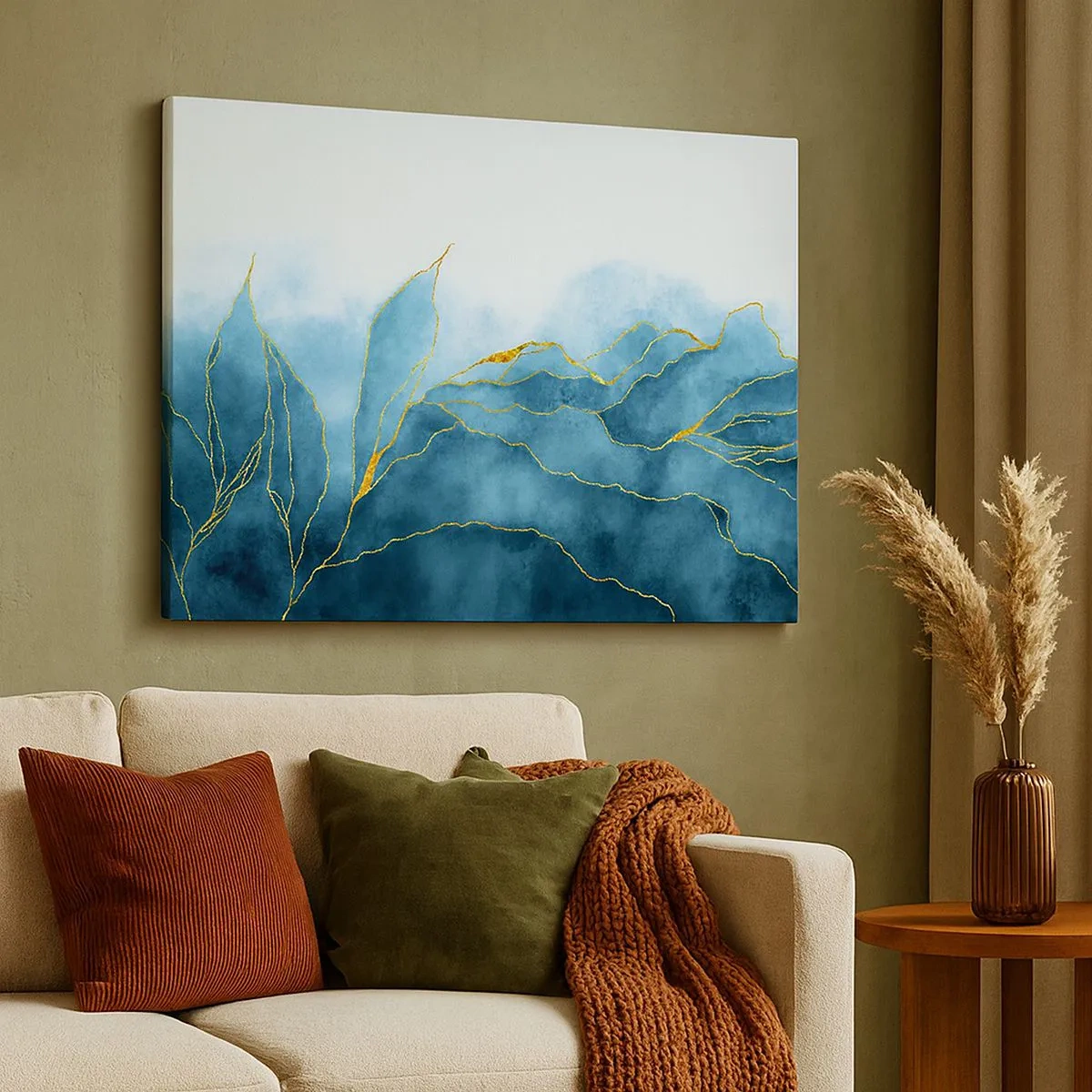 Cuadro sobre lienzo - Impresión de Imagen - Ondas abstractas en tonos azules con acentos dorados. - 70x50cm - Oro y azul - Decoración de pared moderna para salón y dormitorio ARTTOR