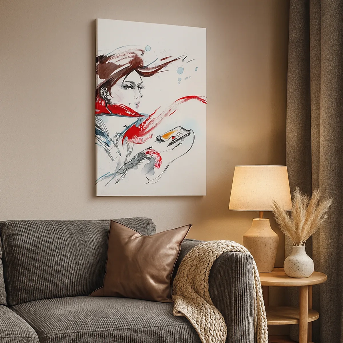 Cuadro sobre lienzo - Impresión de Imagen - Una mujer con un pañuelo rojo con pinceladas dinámicas de acuarela. - 50x70cm - Algo suena dentro de mí - Decoración de pared moderna para salón y dormitorio ARTTOR