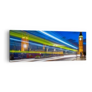 Cuadro sobre lienzo - Impresión de Imagen - El Big Ben de noche con el efecto de las luces en el tráfico de la calle. - 140x50cm - Bajo la mirada del Big Ben - Decoración de pared moderna para salón y dormitorio ARTTOR