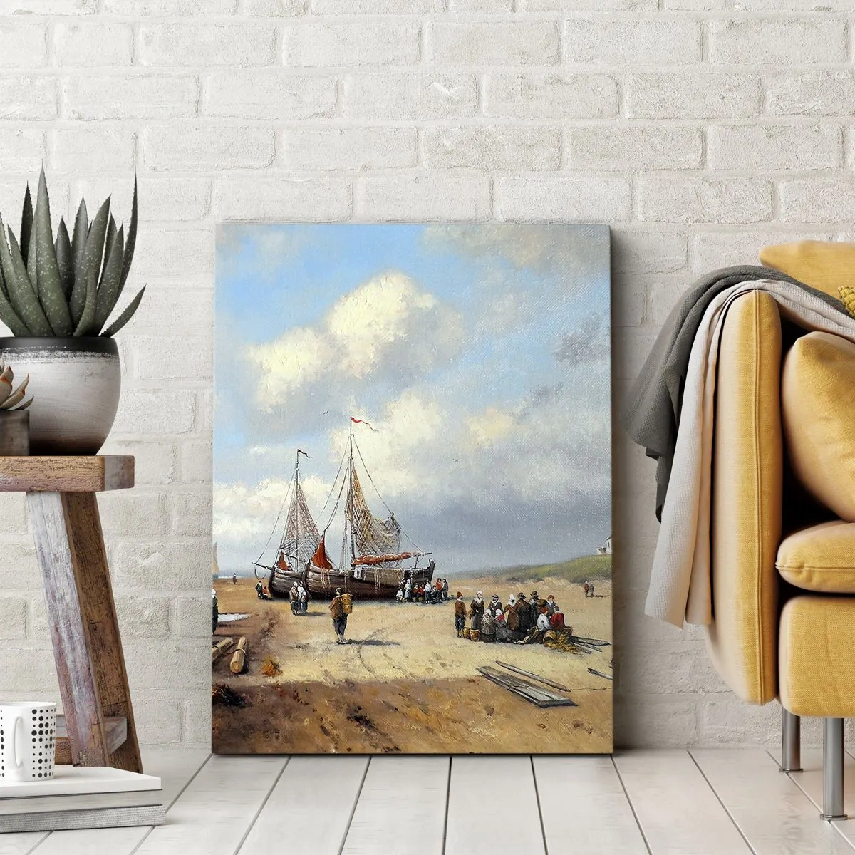 Cuadro sobre lienzo - Impresión de Imagen - Barcos de pesca en la playa con figuras humanas - 50x70cm - Después de una pesca exitosa - Decoración de pared moderna para salón y dormitorio ARTTOR