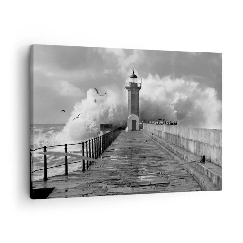 Cuadro sobre lienzo - Impresión de Imagen - Un faro rodeado de olas durante una tormenta. - 70x50cm - Audaz - Decoración de pared moderna para salón y dormitorio ARTTOR