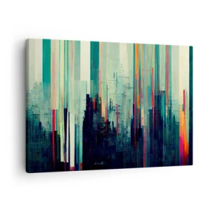 Cuadro sobre lienzo - Impresión de Imagen - Abstracción con líneas verticales y un horizonte de ciudad. - 70x50cm - Ciudad futurista - Decoración de pared moderna para salón y dormitorio ARTTOR